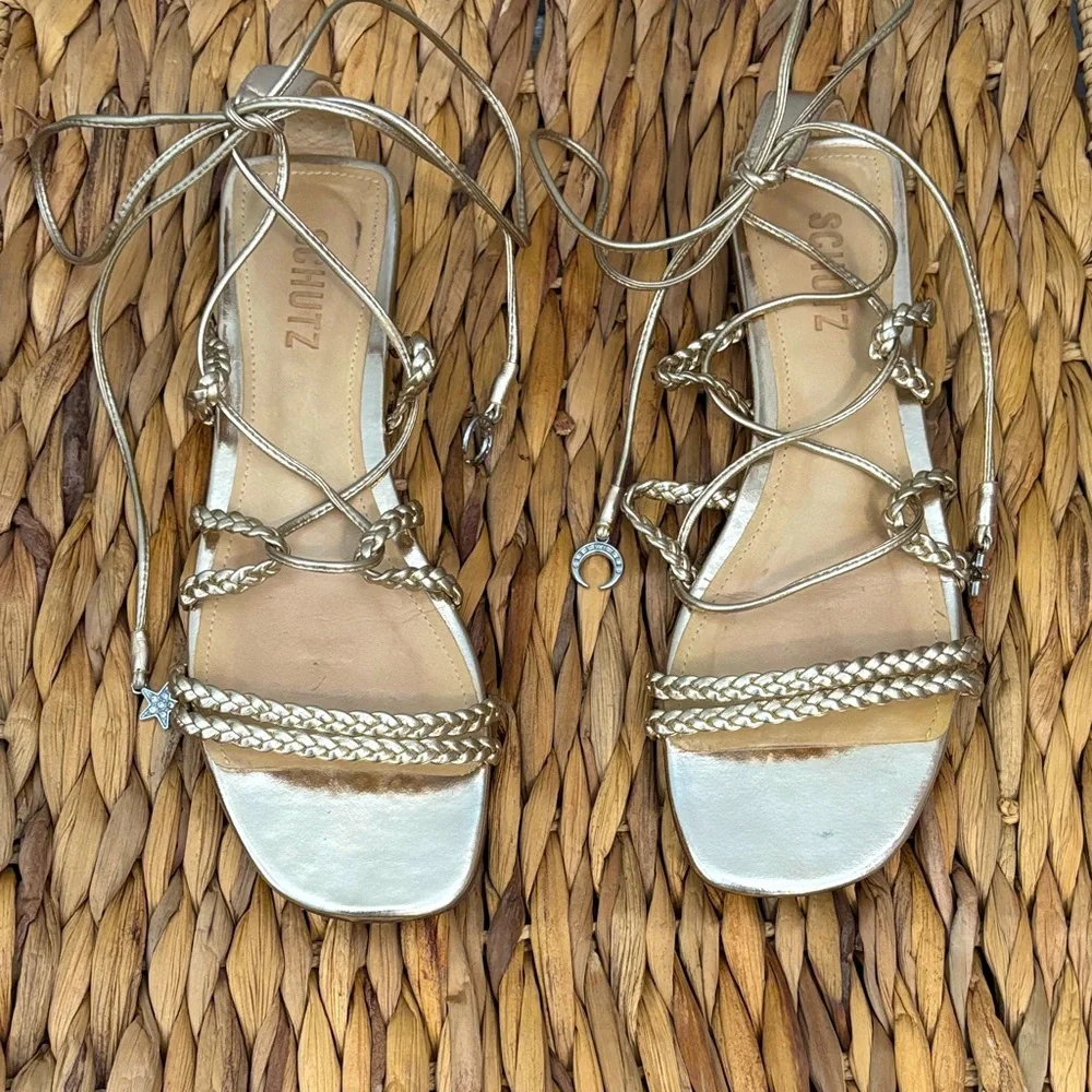 SCHUTZ size 8 Metallic Gold Braided Sandals - Picture 1 of 10